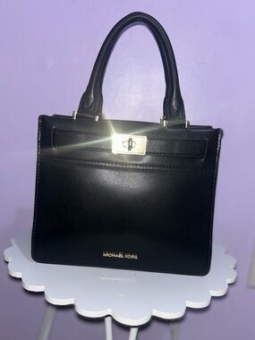 Michael Kors Black Leather Structured Satchel with Gold Hardware